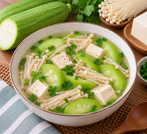 Canh mướp nấm kim châm đậu phụ