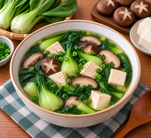 Canh cải thìa nấm đông cô đậu phụ
