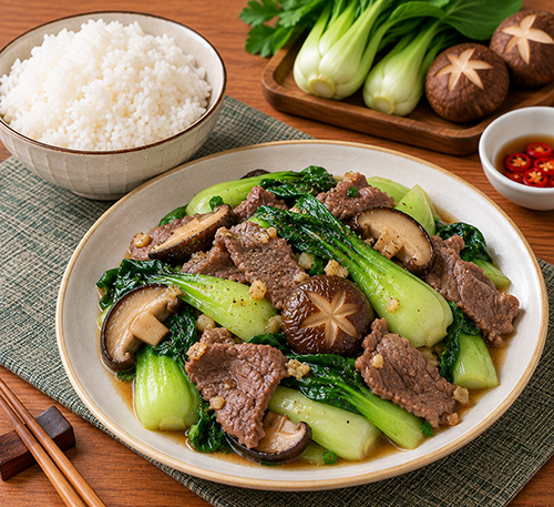 Cơm trắng bắp bò xào cải thìa nấm