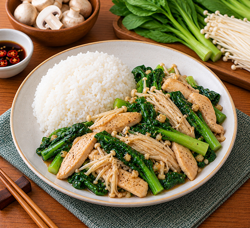 Cơm trắng ức gà nấm kim châm cải ngọt