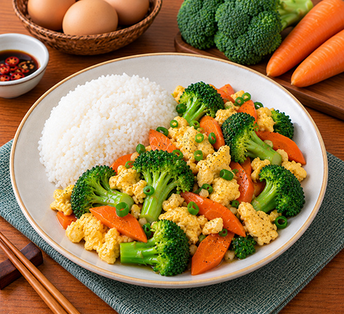 Cơm trắng trứng gà bông cải cà rốt