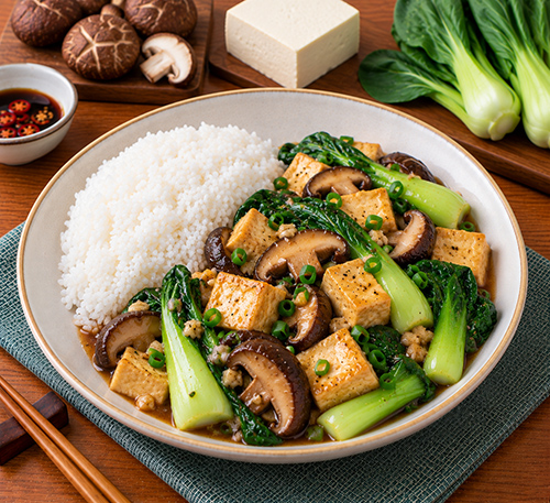 Cơm trắng đậu phụ nấm đông cô cải thìa