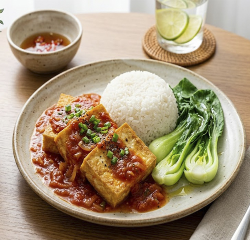 Cơm trắng đậu phụ sốt cà chua cải thìa