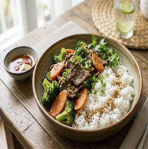 Cơm trắng bò xào bông cải cà rốt